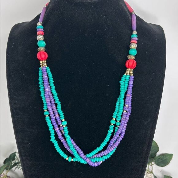 Vtg Multi-strand Beaded Necklace 23" Green & Purple W/ Gold & Silver-tone Accent - Picture 1 of 6